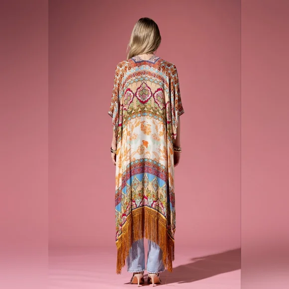 Detailed Floral & Demask Print Kimono on Jacquard Fabric w Golden Fringe Tassels - Picture 8 of 9